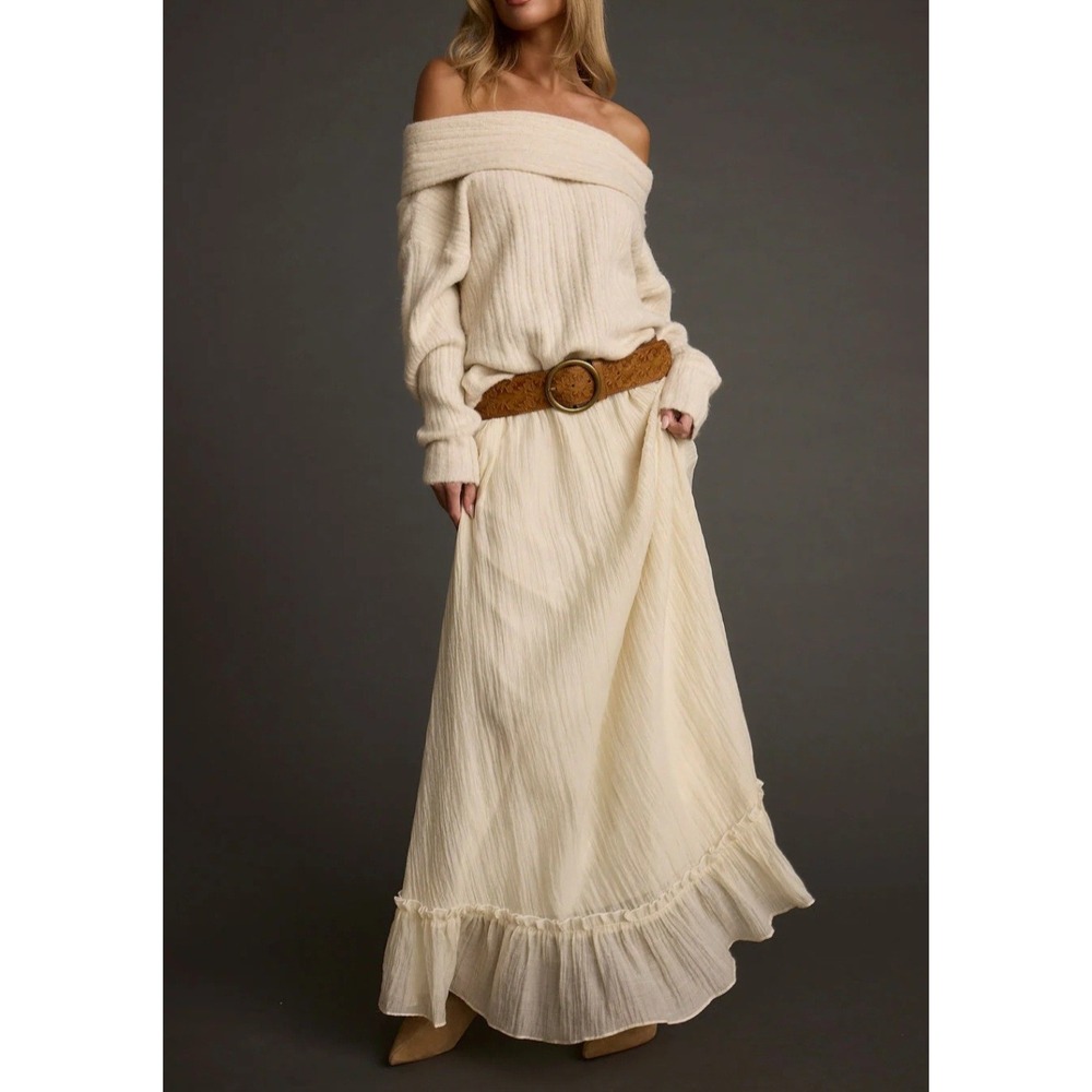 12th Tribe Maxi Skirt Women L Cream Excellent Gauze Ruffle Boho Drawstring